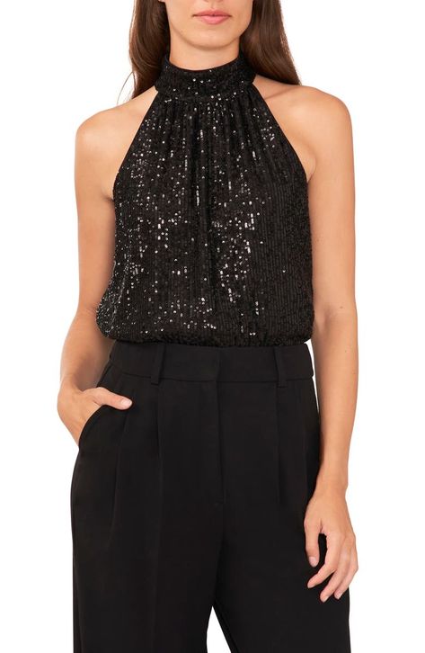 Halogen® Halter Neck Sequin Top | Nordstrom Dress Elegantly, Club Attire, Holiday Outfits Women, Cocktail Club, Evening Cocktail, Hair Fragrance, Jean Shirt Dress, Long Sleeve Knit Tops, Faux Leather Pants