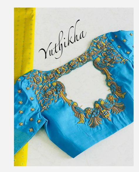 Blue Work Blouse Designs, Blue Blouse Maggam Work, Blue Work Blouse, Pot Neck, Sky Blue Blouse, Exclusive Saree Blouse Designs, Modern Blouse Designs, Couture Beading, Blouse Maggam Work