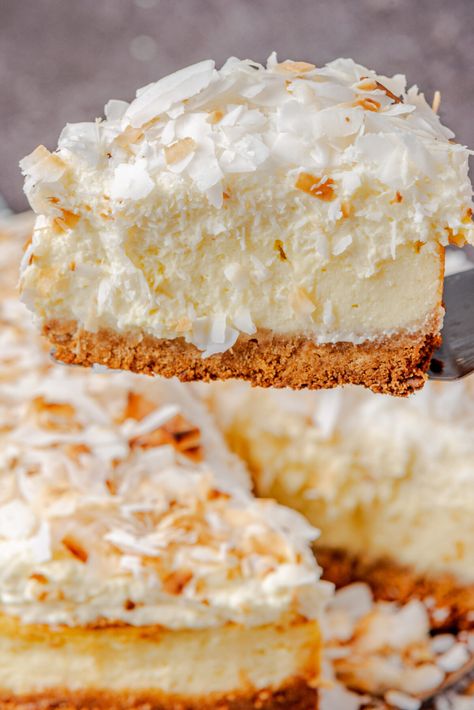 Best Homemade Toasted Coconut Cheesecake Recipe - Powered By Mom Toasted Coconut Cheesecake, Coconut Cheesecake Recipes, Coconut Cream Pie Cheesecake, Coconut Cream Cheesecake, Toasted Coconut Recipes, Coconut Cheese, Best Coconut Cream Pie, Coconut Mousse, Coconut Cheesecake