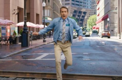 Ryan Reynolds Free Guy, Free Guy, Ryan Reynolds, Blue Shirt, Khaki Pants, Pants, Blue, Trousers