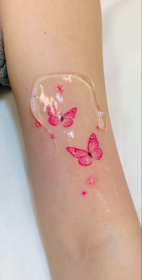 Pretty Color Tattoos For Women, Pink Color Tattoo, Coloured Ink Tattoo, Pastel Pink Tattoo, Lilac Butterfly Tattoo, Pink Tatoos Ideas, Colourful Tattoo For Women, Coloured Tattoos For Women, Small Colorful Tattoos For Women