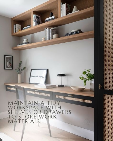 Here are some tips to design a home office that’s functional, stylish and inspiring! Which one of these tips will you try first? Let me know in the comments! 👇 #homeofficedesign #workfromhomestyle #interiordesigntips #protips 📸 by @nathaliepriem Floating Shelves Office, Shelves Office, Home Office Design, Interior Design Tips, Floating Shelves, Working From Home, Let Me Know, Work Space, Home Office