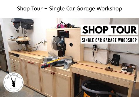 Shop tour showcasing a single car garage workshop with various woodworking tools on a workbench. Workshop Setup, Diy Montreal, Garage Woodshop, Woodworking Workshop Layout, Single Car Garage, Garage Workshop Layout, Workshop Cabinets, Garage Workshop Plans, Workshop Diy