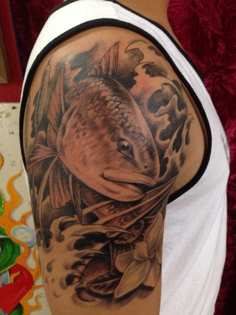 My redfish tattoo Black And Red Fish Tattoo, Trout Fish Tattoo Women, Redfish Tattoo For Men, Redfish Tattoo, Fish Tattoo Trout, Men’s Fishing Tattoos, Fishing Tattoos, Drum Tattoo, Shark Pictures