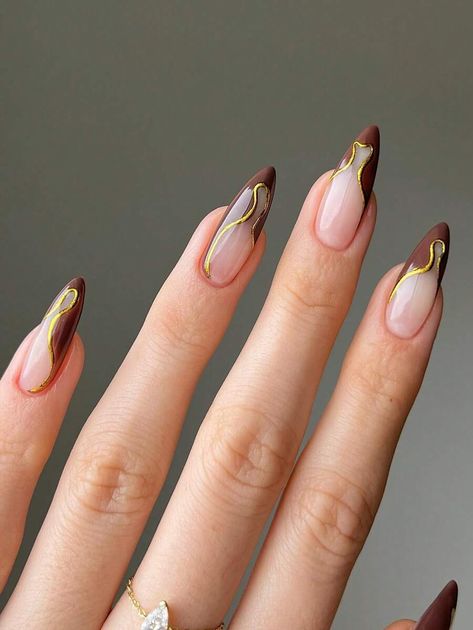 Almond Nails With Brown Tip, Brown French Tip Almond Acrylic Nails, Fall Brown French Tip Nails Almond, Brown Almond Acrylic Nails, Fall Nail Designs Almond Shape Brown, Brown Almond Nails, Brown Swirl Nails Almond, Autumn French Tip Nails, Brown French Tip Nails