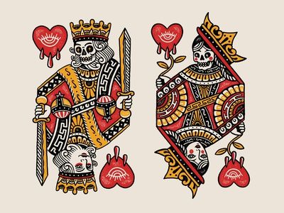 Briscola Tattoo, Traditional King Tattoo, King Card Tattoo, King Of Hearts Tattoo, American Traditional Tattoo Flash, Playing Card Tattoos, Queen Of Hearts Tattoo, Traditional Tattoo Inspiration, Queen Design