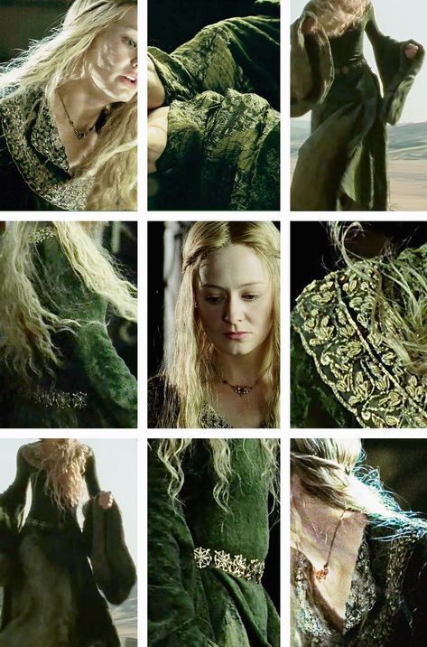 THE LORD OF THE RINGS costumes appreciation: ― Eowyn’s Green Dress (costume design by Ngila Dickson) Green Dress Costume, Galadriel Dress, Lord Of The Rings Costumes, History Of Middle Earth, Lotr Costume, Lord Of The Rings Trilogy, Lord Of Rings, Two Towers, Under The Shadow