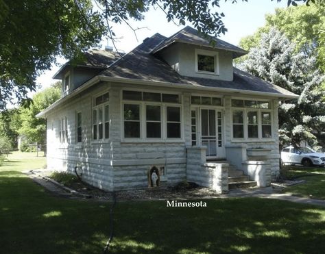 Circa 1920 Rusticated Block Home - Cheap House in Minnesota Under $100K - Old Houses Under $100K 1920 House, 1920 Home, Built In Buffet, Cheap Houses, 1920s House, Detached Garage, Linen Closet, Kitchen Cupboards, Built Ins