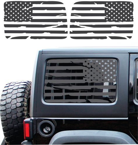 PRICES MAY VARY. MADE IN USA – Proudly made in the USA with US made high quality vinyl. FITMENT – Precisely Precut for your Jeep Wrangler JL (2018, 2019, 2020, 2021 and 2022) rear Hardtop windows both sides. (NO TRIMMING REQUIRED) COMPREHENSIVE PACKAGE- Both side (Driver side and Passenger side) US flag window decal sticker with a free decal squeegee tool. HIGH QUALITY - Our US flag window decals made from premium high-grade US made self-adhesive outdoor vinyl. Expected to last for years. These American Flag Sticker, American Flag Decal, Jeep Decals, Distressed American Flag, Wrangler Accessories, Jeep Wrangler Jl, Flag Decal, Wrangler Jl, Side Window