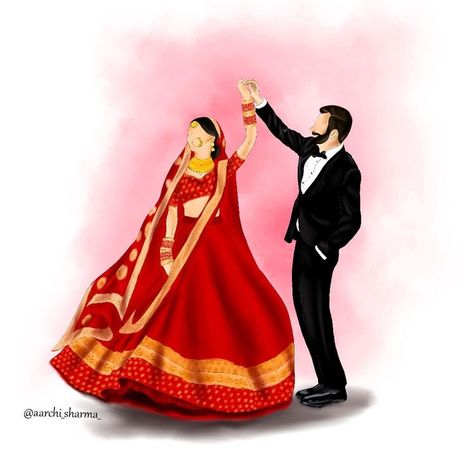 Indian Couple Dancing Illustration, Wedding Couple Cartoon Marriage, Indian Wedding Couple Cartoon, Indian Bride And Groom Illustration, Indian Wedding Couple Illustration, Indian Couple Illustration, Couple Caricature Wedding, Couple Wedding Illustration, Bride Groom Illustration