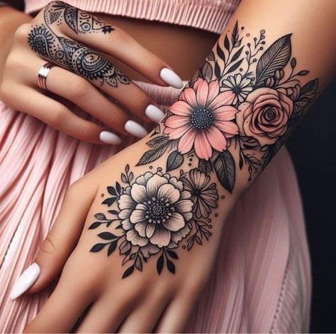 Back Coverup Tattoos For Women, Pretty Skull Tattoos For Women, Cover Up Tattoo Designs For Women, Wrist Tattoo Cover Up, Arm Sleeve Tattoos For Women, Hand And Finger Tattoos, Forarm Tattoos, Tattoos For Women Flowers, Tasteful Tattoos