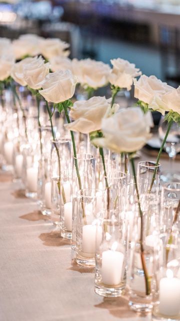 SF Bay Area Florist on Instagram: "Sometimes all you need is candlelight and bud vases 🤍 simplicity and gorgeous 🖤 @plantobewowed @jbjpictures @icmarkhopkins @unionstreetpapery @napavalleylinens #lcfloral #weddingflorist #californiaweddingflorist #winecountrywedding #napawedding #reels #reelsoftheday #floraldesign #chandelierdesign #fineartphotography #creativelywed #napavalleywedding #winecoutry #sfwedding #sfluxuryflorist" White Rose Candle Centerpiece Wedding, Roses In Bud Vases Wedding, White Roses In Bud Vases, White Rose Decor Wedding, Wedding Flowers With Candles, White Roses Bud Vases, 3 Candle Centerpieces Wedding, White Rose Bud Vase Wedding, Candle And Bud Vase Centerpiece Wedding