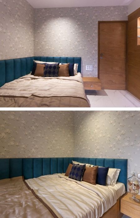 Corner Bed Headboard, Decoration Bedroom Ideas, Inspiration Bedroom Ideas, Bedroom Tiles, Bedroom Ideas Master, Corner Bed, Sofa Design Wood, Tiles Designs, Indian Home Interior