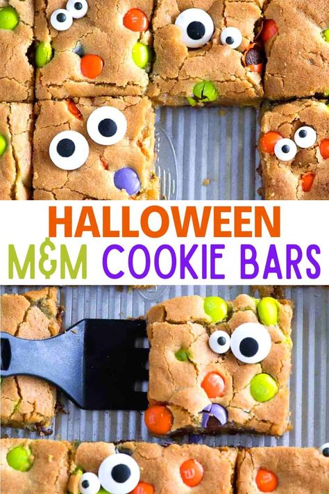 These Halloween cookie bars are soft and gooey with a crunchy golden crust studded with M&Ms! Add googly candy eyes for an easy spooky treat! Halloween M&m Treats, Halloween Monster Cookies Googly Eyes, Halloween Bars Recipes, Halloween Treats With Eyes, Halloween Bars And Cookies, Halloween M&ms, Halloween Magic Bars, M&m Cookie Bar, Halloween Treats With Pretzels