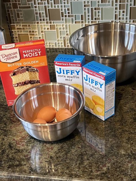 Yellow Cake Mix And Jiffy Cornbread, Cornbread And Cake Mix Recipe, Jiffy And Cake Mix Cornbread, Yellow Cake Mix Cornbread, Yellow Cake Cornbread Recipe, Jiffy Johnny Cakes Recipe, Jiffy Golden Yellow Cake Mix Recipes, Cornbread With Yellow Cake Mix Recipe, Cake Mix Cornbread Recipe