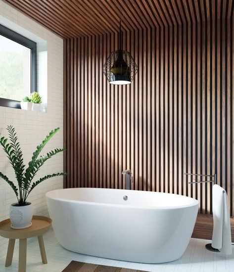 Scene_Bathroom_3bb copy Wood Panel Bathroom, Wood Wall Bathroom, Wooden Panelling, Wood Bath, Wood Slat Wall, Wood Cladding, Wooden Bathroom, Remodel Bathroom, Bathroom Decor Ideas