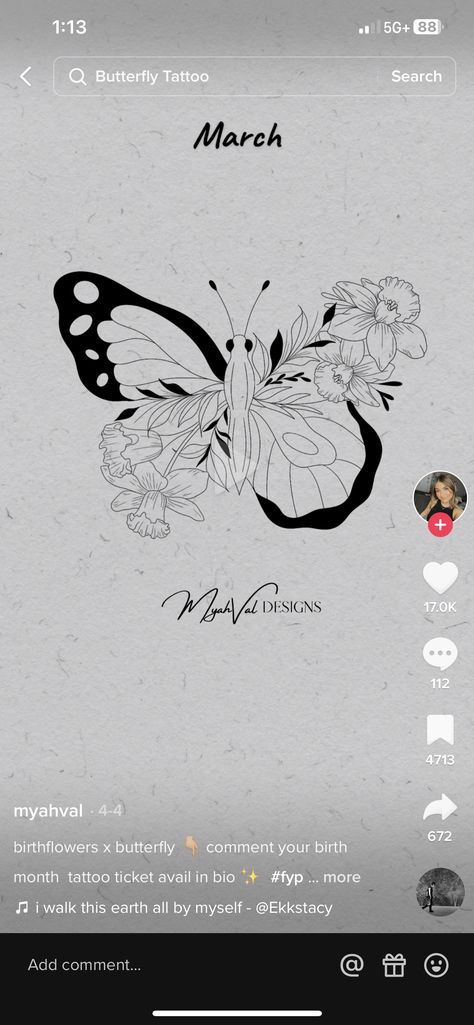 Butterfly Birthday Tattoo, Butterflies Tattoos, Birthday Butterfly, March Birth Flowers, Birth Flower Tattoos, Design Drawings, Tattoo Design Drawings, Birth Flowers, Butterfly Tattoo