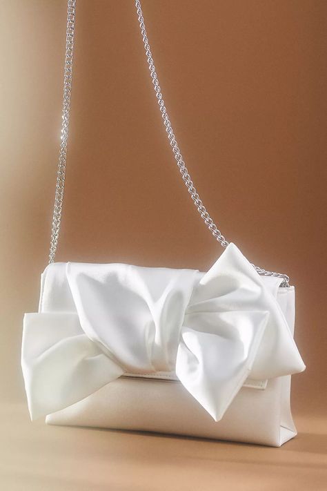 Badgley Mischka Delilah Satin Sash Envelope Clutch | Anthropologie White Clutch Purse, Wedding Clutch Purse, Wedding Design Inspiration, Wedding Handbag, Bridal Purse, Jewel Badgley Mischka, Jewel Wedding, White Clutch, Satin Sash