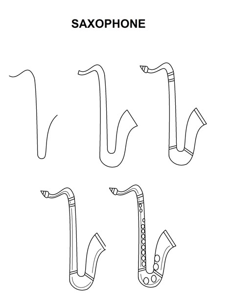 Step-by-Step tutorial for a saxophone. How To Draw A Saxophone Step By Step, How To Draw A Saxophone, Saxophone Drawing Simple, Saxophone Doodle, Saxophone Painting, Saxophone Drawing, Saxophone Tattoo, Color Wheel Projects, Saxophone Art