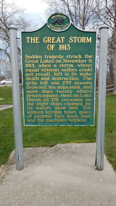 The Great Storm Of 1913 - historic marker, 35 miles north of Port Huron, Michigan Michigan Facts, Roman Words, Port Huron Michigan, Travel Michigan, Lake Lighthouse, Ship Wrecks, Ship Wreck, Michigan History, Michigan Girl