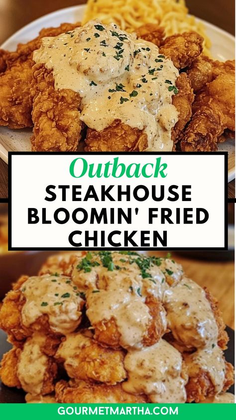 Bring the bold, savory flavors of Outback Steakhouse home with this Bloomin' Fried Chicken recipe! Juicy, tender chicken is coated in a crispy, spiced batter inspired by the famous Bloomin’ Onion, giving each bite a deliciously crunchy kick. Perfect for weeknight dinners, family meals, or even as a standout appetizer. Whip up something special – get the recipe now #OutbackSteakhouse #BloominFriedChicken #CopycatRecipe #FriedChickenLovers #HomemadeComfortFood #CrispyChicken #FamilyDinnerIdeas # Texas Roadhouse Chicken Fried Chicken, Copycat Chicken Recipes, Copycat Meals, Bloomin Onion Sauce, Outback Steakhouse Recipes, Cooking Soul Food, Steakhouse Recipes, Restaurant Recipes Famous, Bloomin Onion