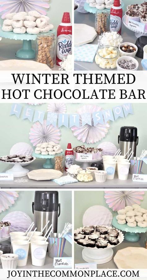 Are you hosting a Winter themed party soon? Find inspiration to plan an ice skating party and hot chocolate bar! Discover easy snack ideas, hot chocolate toppings, and fun Winter themed decorations! | Winter Party Ideas | Seasonal Party | Hot Chocolate Station | Party Supplies: @thepartydarlingshop #ad | Winter Printables: @mimisdollhouse #ad | #hotchocolate #hotchocolatebar #wintertheme #winterparty #partyideas Winter Themed Hot Chocolate Bar, Winter Bash Party Ideas, Hot Chocolate Bar 1st Birthday, Winter Onederland Themed Food, Winter Snack Ideas For Party, 3rd Birthday Winter Theme, Hot Chocolate Party Decorations, Things To Do At A Winter Birthday Party, Winter Onederland Party Snacks