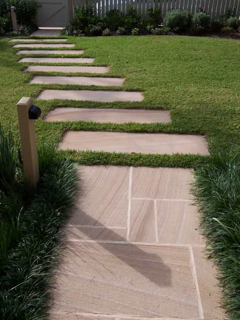 Sandstone path through lawn area.  Joanne Green Landscape Design Sandstone Pavers Walkways, Paths Through Lawns, Path Through Lawn, Sandstone Pathway, Sandstone Path, Garden Pavement, Side Path, Lawn Path, Sandstone Patio