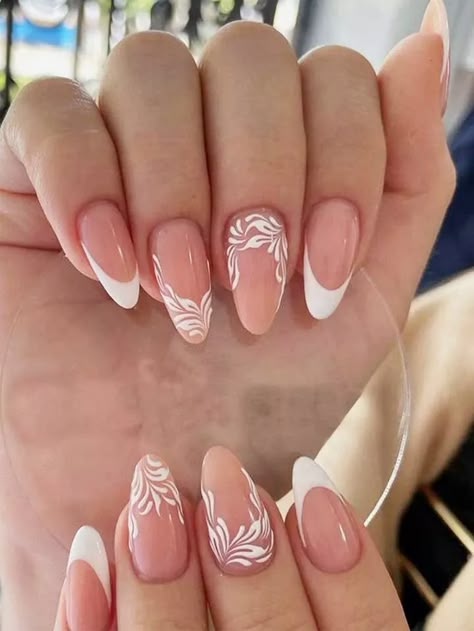 Instantly Upgrade Your Look with 24pcs Long Almond White French Flowers Print Fake Nail & 1sheet Tape & 1pc Nail File | SHEIN USA French With Design, French Almond, June Nails, Paris Nails, Bridal Nails Designs, Lace Nail Art, Crystal Makeup, Boho Nails, Long Almond