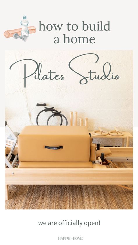 Pilates Reformer Room Ideas Home, Pilates Reformer Home Studio Ideas, Pilates Garage Studio, Pilates Reformer Home Studio, In Home Pilates Studio, Home Reformer Studio, Home Pilates Studio Aesthetic, Pilates Equipment Home Gyms, Boho Pilates Studio