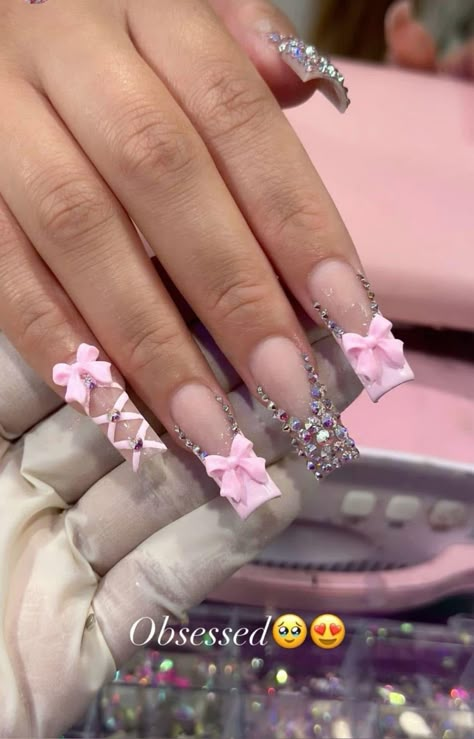 Pink Nails With Jewels Rhinestones, Medium Birthday Acrylic Nails, Pink Girly Nails Acrylic, Birthday Nail Set Ideas Pisces, Cute Birthday Nail Ideas, French Tip Birthday Nails, Cute Nails With Charms, Cute Baddie Nails, Birthday Freestyle Nails