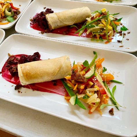 Today's yummy starters. #duckspringrolls #weddingfood #castlewedding Spring Rolls Presentation, Duck Spring Rolls Recipe, Spring Roll Presentation, Starter Menu Ideas, Duck Spring Rolls, Garnish Tumpeng, Gastronomic Food, Plated Dinner, Charcuterie Appetizers