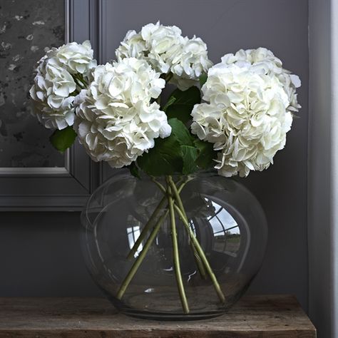 Neptune Charlton Round Vase | Faux Flowers & Vases Large Round Vase Flower Arrangements, Round Flower Vase, Large Round Vase, Round Vase Flower Arrangements, Round Vase Centerpiece, Painted Hydrangea, Flowers In Glass Vase, Hydrangea Vase, Hydrangea White