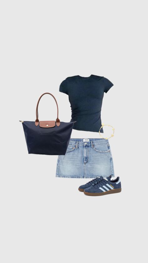 Adidas Spezial Navy, Navy Skirt Outfit, Blue Bag Outfit, Long Champ Bag, Blue Skirt Outfits, Longchamp Outfit, Navy Blue Outfit, Long Champ, Outfit Navy