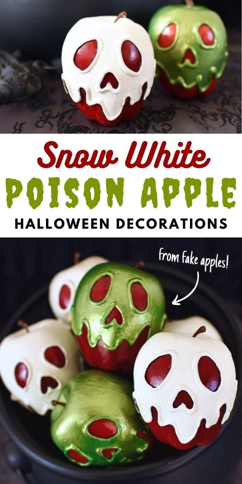 Poison Apple Decorations, How To Make A Poison Apple, Diy Poison Apple Decoration, Poison Apple Halloween Decor, Dollar Tree Cauldron Crafts, Fall Ornaments Diy, Diy Poison Apple, Halloween Decorations Disney, Disney Halloween Diy