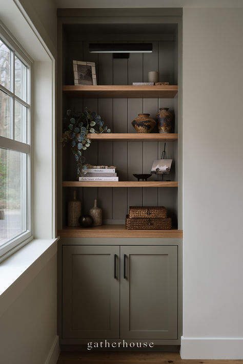 Save this for Shelf Styling Inspo! Shelf Nook Built Ins, Built In Cabinet With Shelves Above, Built In Bookshelf Dining Room, Styled Built In Shelves, Inset Shelves In Wall Bedroom, Built In Shelves Basement, Built In Open Shelving, Inset Shelves In Wall, Built In Shelves Dining Room