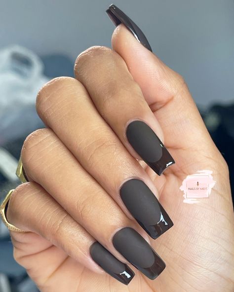 Brown nails, gel x, matte, shiny french tips Nails Acrylic Dark Skin Tone, Matte Nails With French Tips, Matt Nails With Shiny Tips, Matte Nails French, Cute Black Nails Ideas French Tips, Brown Nails Gel, Matte French Tip Nails, Dark Brown Acrylic, Cute Black Nails