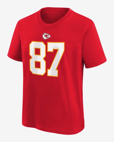 Rep your favorite player on your favorite team with this Kansas City Chiefs T-Shirt. It features the classic name and number design and soft cotton fabric for a comfortable, casual way to show some love for Travis Kelce. Shown: Red Style: 9Z1B7FGD7CHI-KTR Kansas City Chiefs Shirts, Chiefs Shirts, Classic Names, Nfl T Shirts, Number Design, Nike Nfl, Travis Kelce, Red Style, Kids Nike