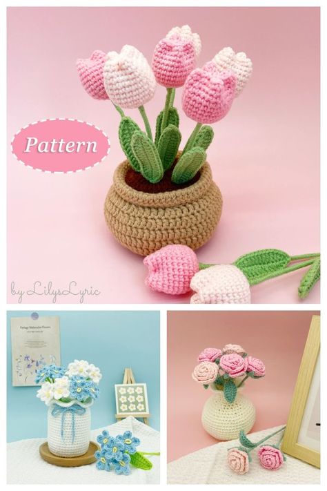 Flower with Vase Crochet Patterns Crochet Flower Pots Free Pattern, Cute Flower Vase, Vase Crochet, Crochet Vase, Crochet Hook Case, Instead Of Flowers, Micro Crochet, Market Ideas, Crochet Inspo