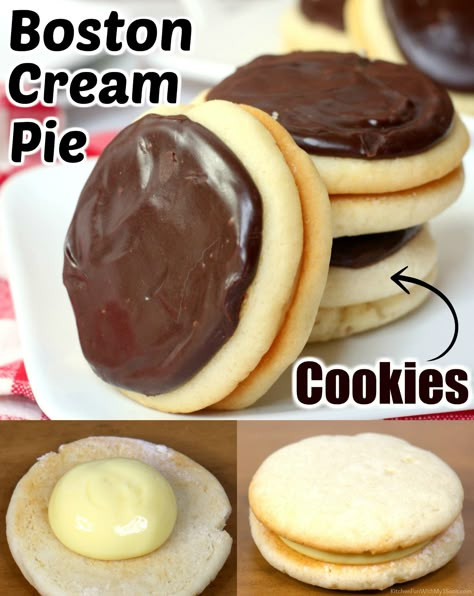 Boston Cream Pie Filling, Get Well Cookies, Boston Cream Pie Cake, Cream Pie Cookies, Boston Cream Pie Recipe, Crumble Cookies, Bigger Bolder Baking, Frosted Cookies, Soft Cookies