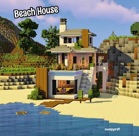 #minecraft #minecraftbuildingideas Minecraft Beach Village Ideas, Cute Minecraft Beach Houses, Minecraft Beach House Tutorial, Beach Minecraft Houses, Nice Minecraft Houses, Minecraft Beach Town, Minecraft Sea House, Minecraft Tropical House, Minecraft Beach Hut