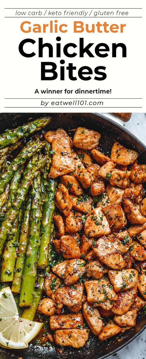 Garlic Butter Chicken Bites, Butter Chicken Bites, Chicken And Asparagus, Lemon Asparagus, Garlic Butter Chicken, Health Dinner, Chicken Bites, Keto Recipes Dinner, Health Dinner Recipes