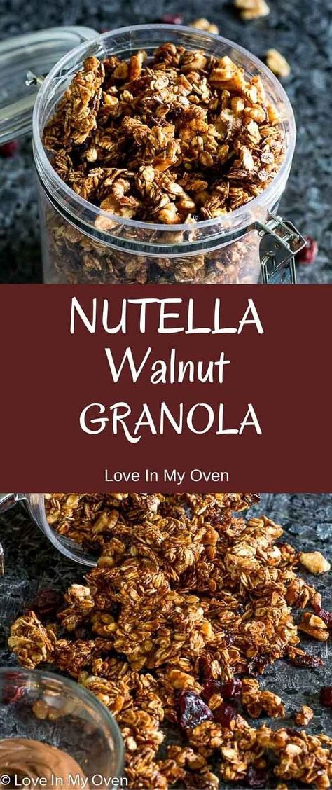 This granola is made up of walnuts, dried cranberries and rolled oats, all smothered in a delicious concoction of Nutella (or nutella) and honey. SO good! #nutella #walnut #granola #recipes Movie Night Party Food, Multigrain Pancakes, Movie Night Recipes, Nut Free Granola Bars, Walnut Granola, Sheet Pancakes, Nut Free Granola, Homemade Dessert Recipes, Easy Granola