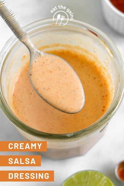 This creamy salsa dressing combines salsa, greek yogurt, lime juice, and spices for a tangy and spicy dressing that is ready in 10 minutes and is so delicious! Use it on salads, tacos, bowls, as a dip for protein, and more. Sriracha Yogurt Dressing, Salsa Dressing For Salad, Chick Fil A Creamy Salsa Dressing Recipe, Mexican Dressing, Creamy Salsa Dressing, Salsa Dressing, Healthy Dressing Recipes, Spicy Dressing, Dip For Tortilla Chips