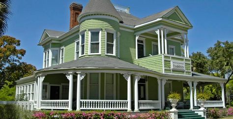 Apalachicola, St. George Island, Forgotten Coast, Carrabelle, Eastpoint, Florida | Apalachicola Bay Chamber of Commerce Green Victorian House, Victorian Style Homes, Places In Florida, Row House, Screened Porch, Florida Vacation, Old Buildings, Victorian Homes, Store Design