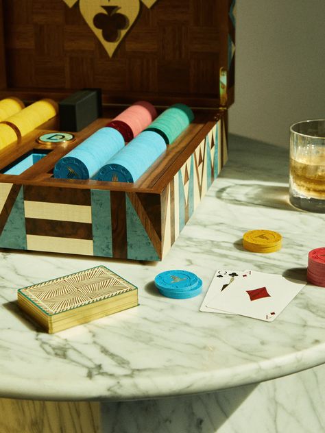 Inspired by design icon Gio Ponti, Alexandra Llewellyn’s walnut poker set is inlaid with delicate shapes in semi-precious turquoise and mother of pearl. Inside, four compartments conceal playing cards and clay poker chips. Exclusive to ABASK, the set is a triumph of ingenuity and marquetry, made entirely in workshops across England. Wood Marquetry, Majolica Tiles, Poker Set, Backgammon Set, Design Icon, Gio Ponti, Poker Chips, Gift Finder, Marquetry