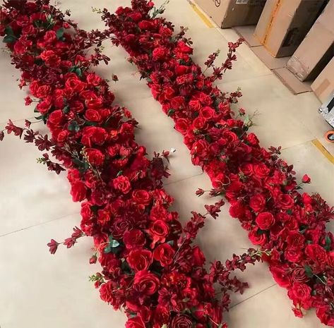 all the flowers garland are handmade,they are all  using the same high-quality silk flowers. but they will  not be as 100% same style flowers as the picture  🌷our flower garland is the best one for you our flower garland is very flexible, so it can be bent,  displayed on an arch,used as a table or aisle runner,  or as display on the head table 🌷wide use applications scene: office,leisure, bedroom, living room, coffee table,  windowsill,Balcony and so on. Application holiday:Wedding Party,Chris Red Table Decorations Wedding, Florals On Chandelier, Rose Tablescape, Black And Red Decorations, Rose Arch Wedding, Red And Ivory Wedding Theme, Red Rose Table Centerpiece, Red Rose Party Theme, Red Roses Table Decor