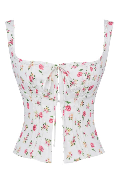 This corset-inspired top features soft linen-kissed yarns and hook-and-eye closures down the front. Exclusive retailer Square neck Lined 82% lyocell, 18% linen Dry clean Imported Square Neck Corset Top, How To Have Style, Cute Mini Skirt, Neck Corset, Pretty Top, Vintage Fits, House Of Cb, Rose Print, Floral Top