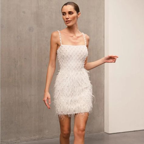 Nwt Carrie Dress- Unworn, Missed The Deadline To Return. $725+ Tax Reception Short Dress Bride, White Party Dress Winter, After Party Dress Night, Mexico Rehearsal Dinner Outfit, White Beaded Dress Short, Sparkly Short Reception Dress, Pearl Overlay Dress, Wedding Reception Dress Sparkly, Sparkly White Mini Dress