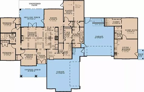 single story, garage in between. Needs a second room on in-law side, longer primary Mother In Law House Plans, Floor Plan With In Law Suite, Multigenerational House Plans In Laws One Story, House Plans With In Law Suite One Story, Multigenerational House Plans In Laws, Multi Generational House Plans, Multigenerational House Plans, Multigenerational House, Inlaw Suite