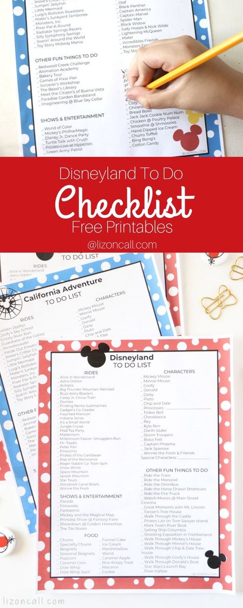 Disneyland and California Adventure to do lists, free printables List Of Disneyland Rides 2023, Disneyland Planner Printables Free, Disneyland Budget Worksheet, Disneyland Free Printables, Disneyland Planning Printables, Disneyland Ride List 2023, Disneyland Planning Printables Free, Disneyland Countdown Ideas, Disneyland Planning 2024